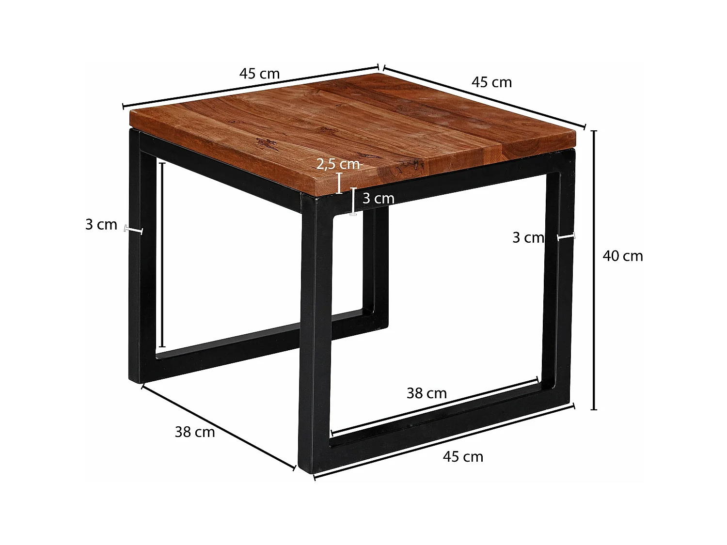 appoint  45x40x45 cm Table de salon en bois massif / métal Sheesham | Table design en bois de style industriel | Salon de table | Petite table basse solide