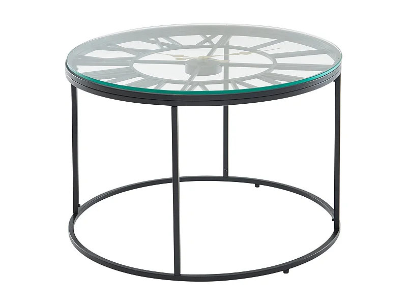 Table Basse de Salon Verre et Métal 60x60x43 cm Ronde Noir | Petite Table de Canapé avec Horloge Décorative | Design Table d'appoint Style Moderne