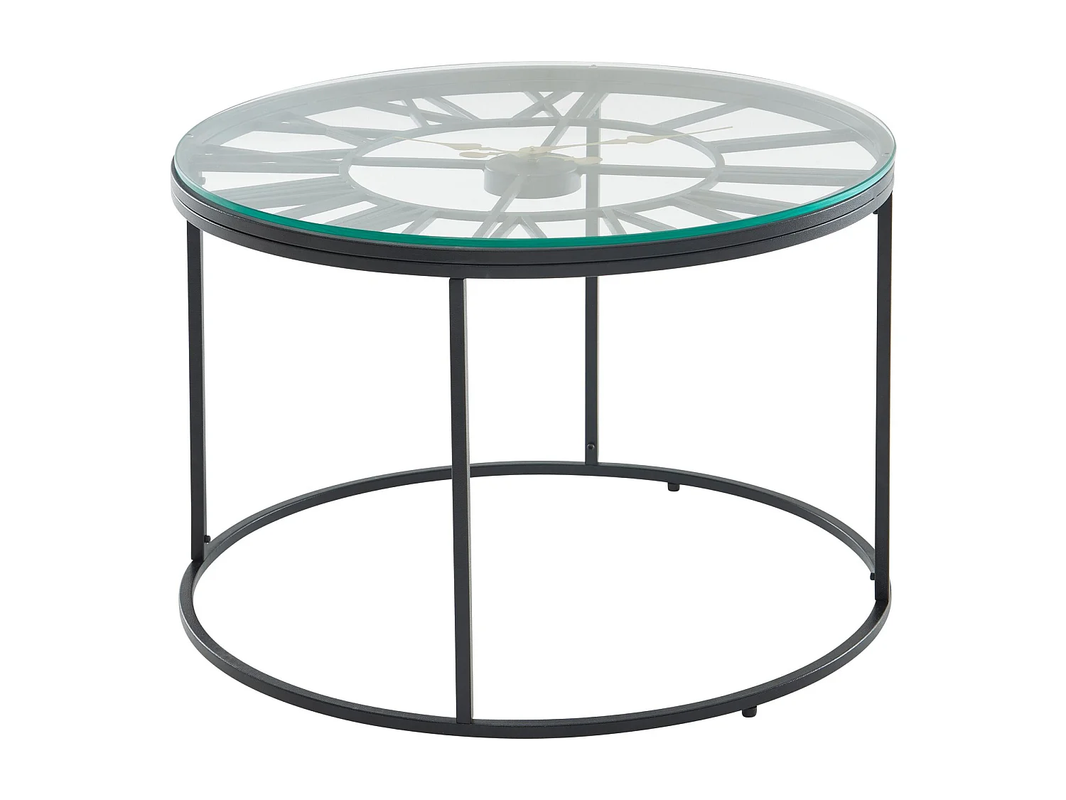 Mesa de Centro Redonda Negro 60x60x43 cm Vidrio y Metal | Mesa Auxiliar para Salón Moderna con Reloj Decorativo | Mesita Café Pequeña para Sofá