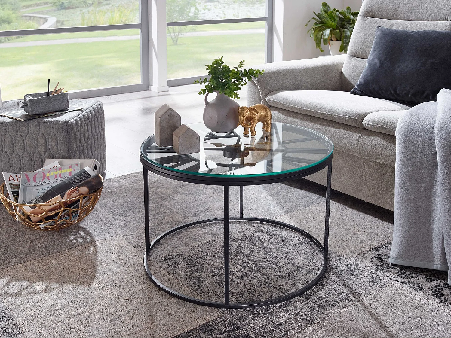 Mesa de Centro Redonda Negro 60x60x43 cm Vidrio y Metal | Mesa Auxiliar para Salón Moderna con Reloj Decorativo | Mesita Café Pequeña para Sofá