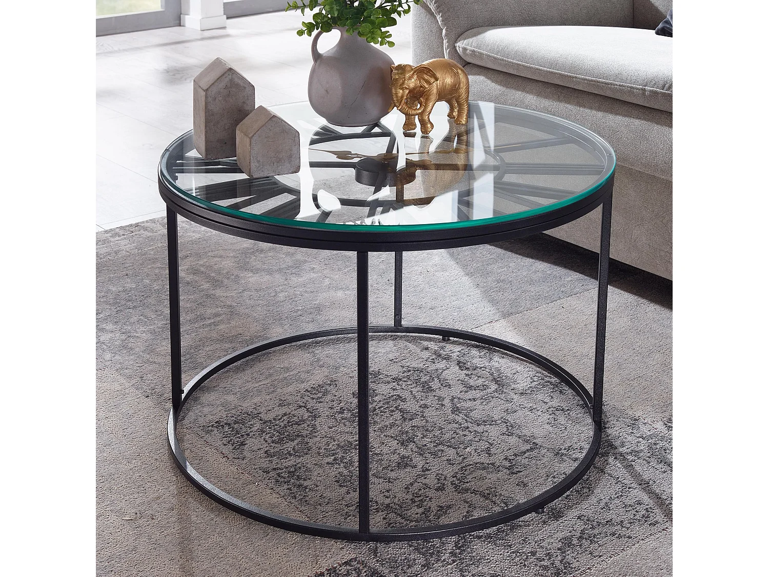 Table Basse de Salon Verre et Métal 60x60x43 cm Ronde Noir | Petite Table de Canapé avec Horloge