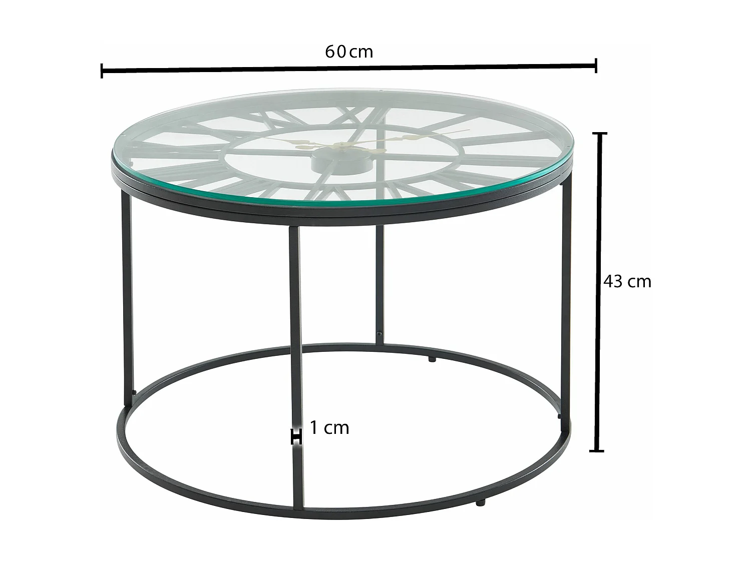 Table Basse de Salon Verre et Métal 60x60x43 cm Ronde Noir | Petite Table de Canapé avec Horloge