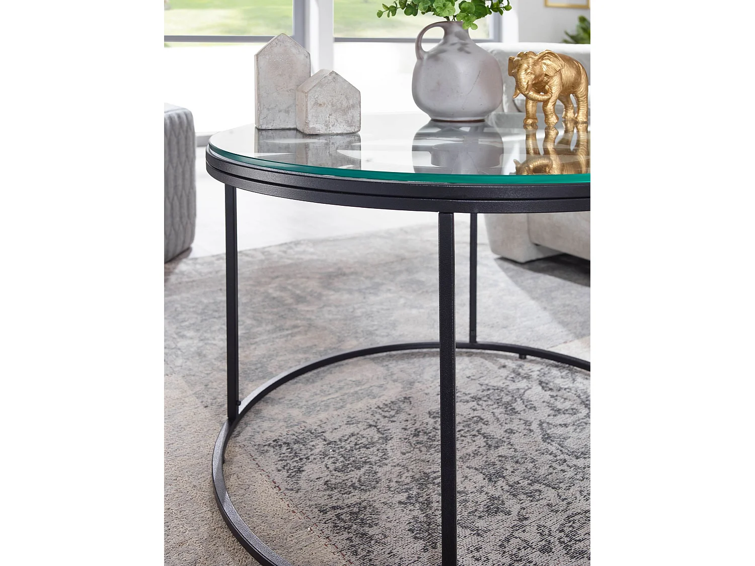 Table Basse de Salon Verre et Métal 60x60x43 cm Ronde Noir | Petite Table de Canapé avec Horloge