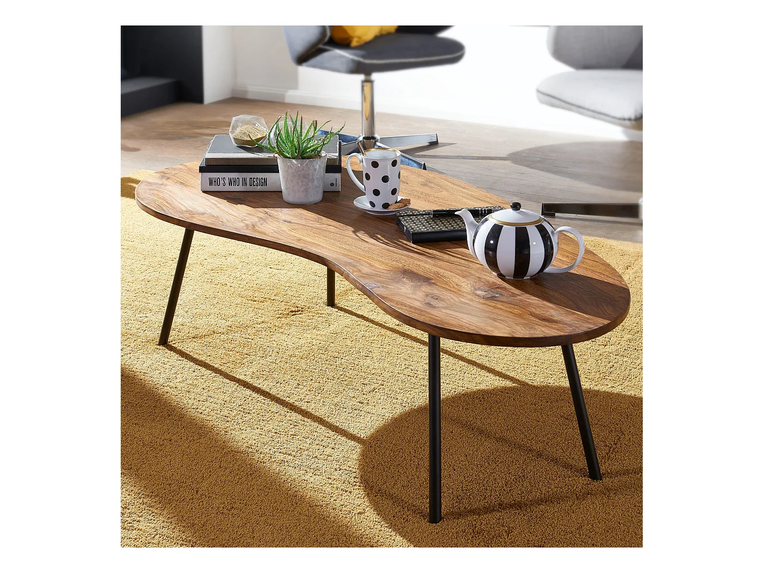 Table Basse Design Kasi 122X36X63 Cm En Bois De Sheesham Avec Pieds En Métal Noir | Table