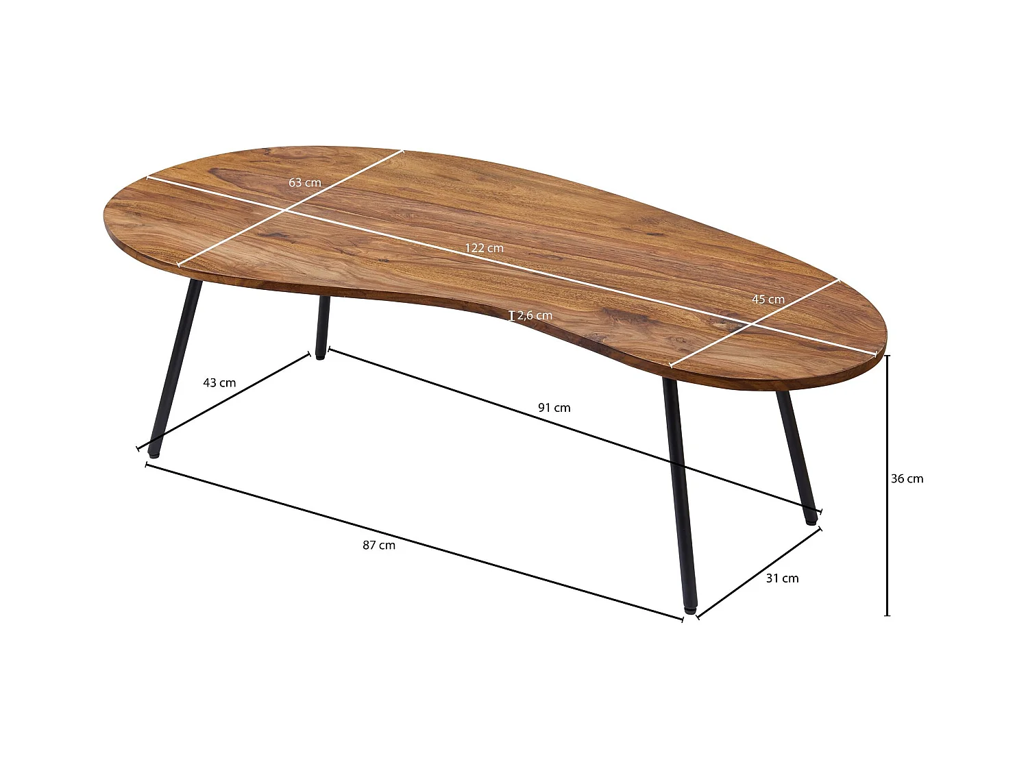 Table Basse Design Kasi 122X36X63 Cm En Bois De Sheesham Avec Pieds En Métal Noir | Table