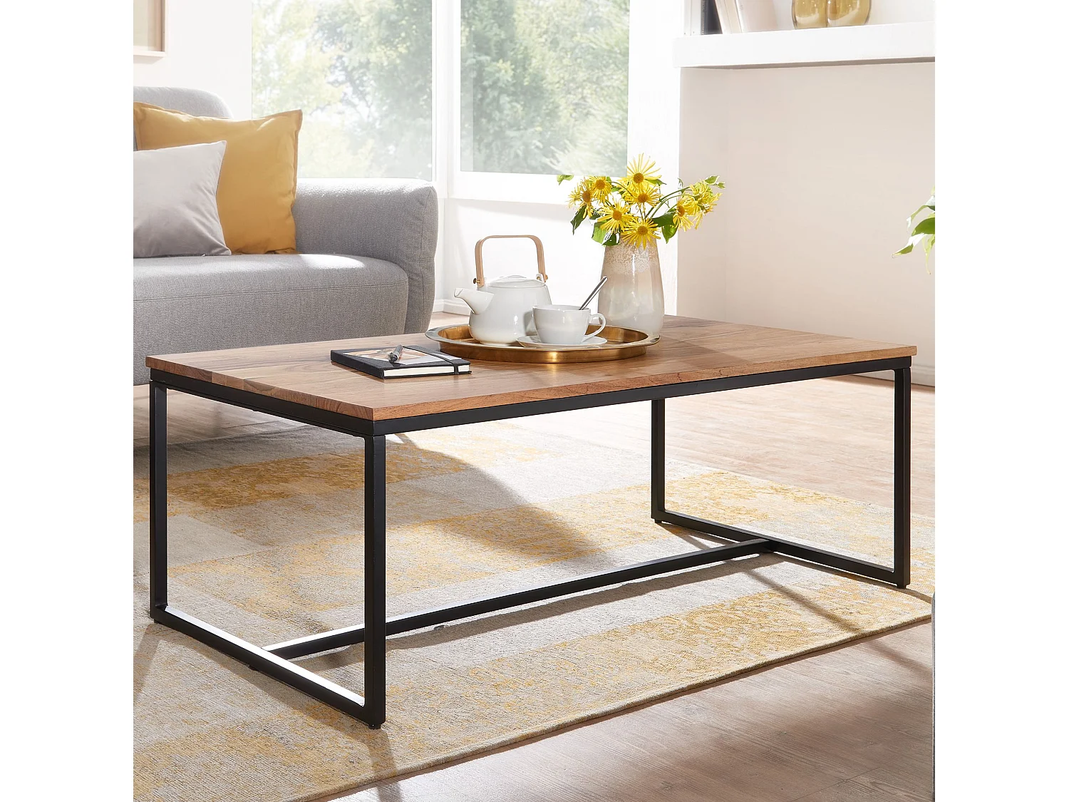 Tavolino 110x60x40 cm legno massiccio metallo tavolino da caffè acacia | Tavolo da salotto industriale | Tavolo in legno, tavolino, massiccio | Tavolo da salotto