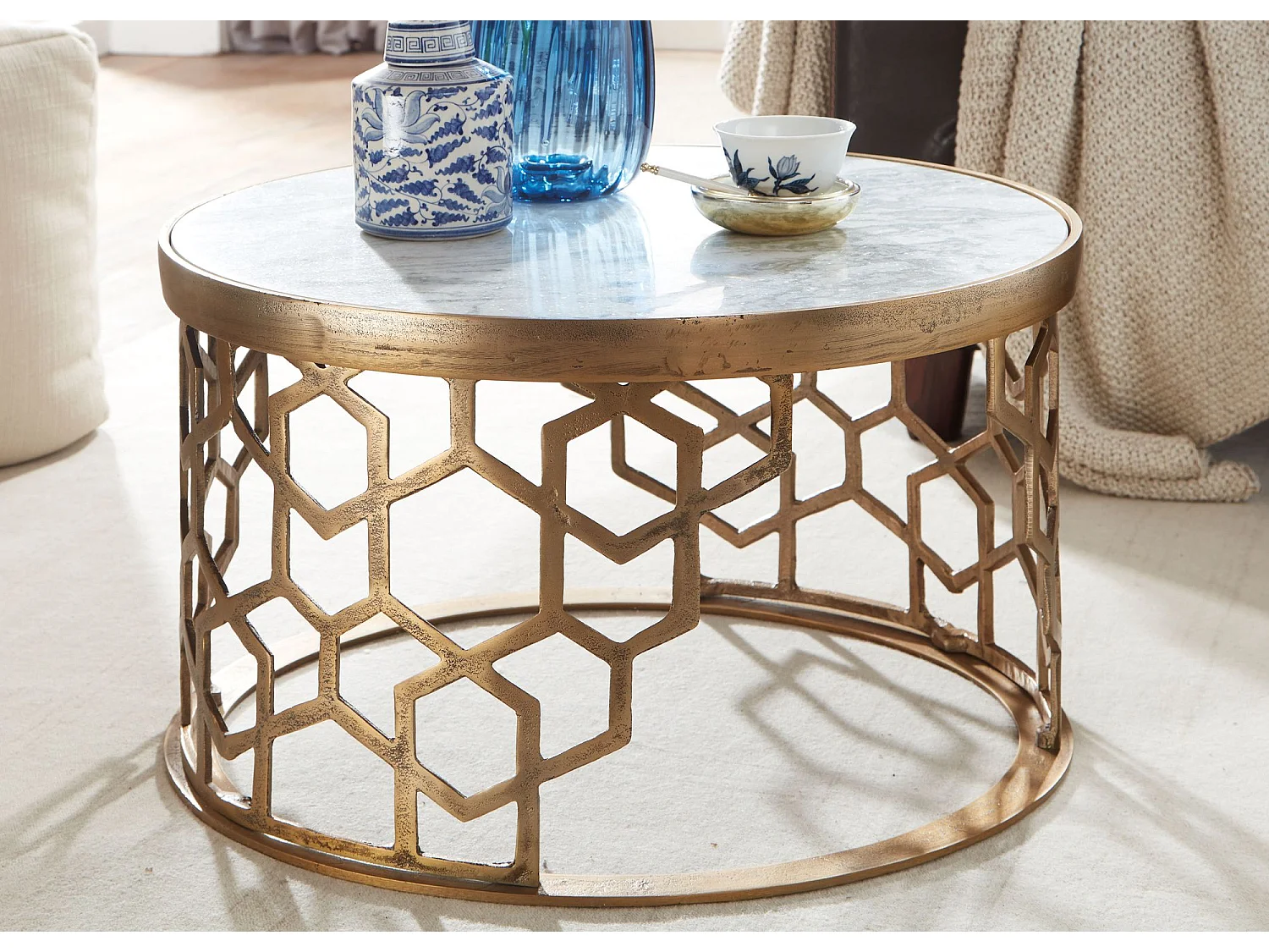 Koffietafel Echt Marmer en Metaal 60x60x36 cm Salontafel Wit Goud | Tafel Woonkamer Rond | Woonkamertafel Modern | Kleine Bijzettafel