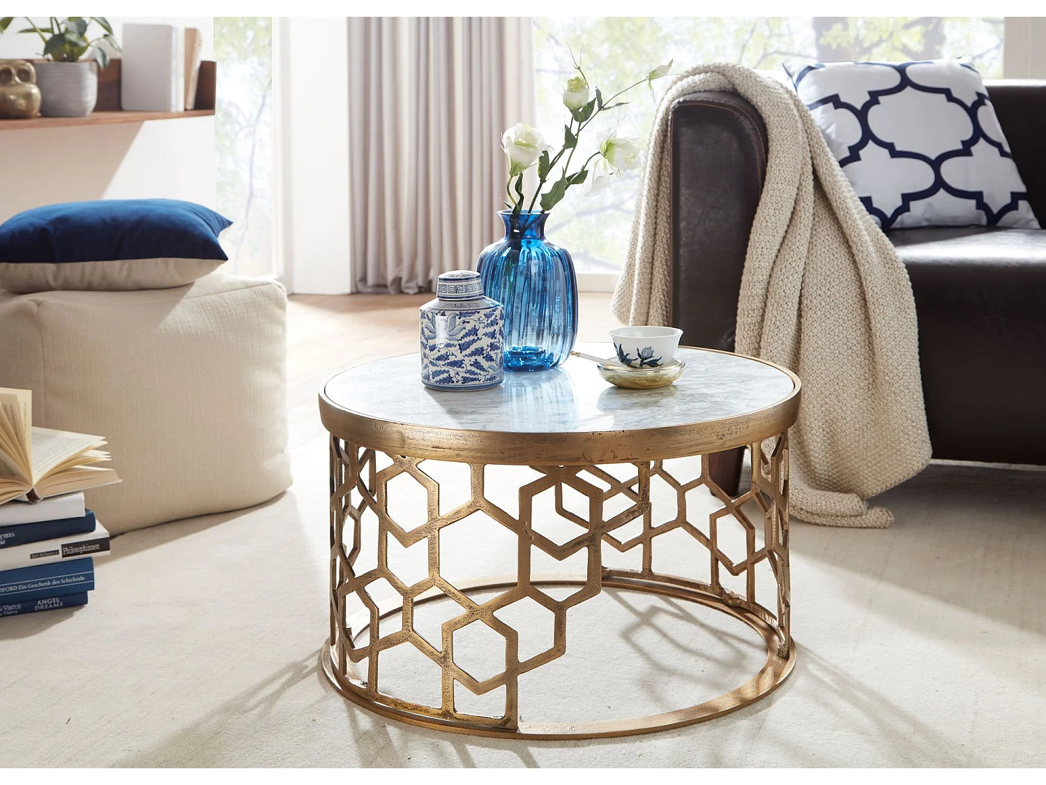 Koffietafel Echt Marmer en Metaal 60x60x36 cm Salontafel Wit Goud | Tafel Woonkamer Rond | Woonkamertafel Modern | Kleine Bijzettafel