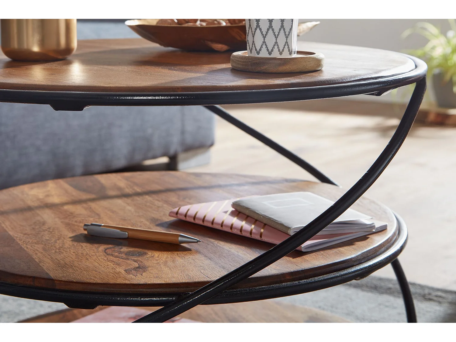 Mesa de Centro Moderna Redonda 58x58x40,5 cm Madera Maciza de Sheesham y Metal | Mesa Auxiliar con Estante inferior para Salón | Mesita Café Pequeña para Sofá