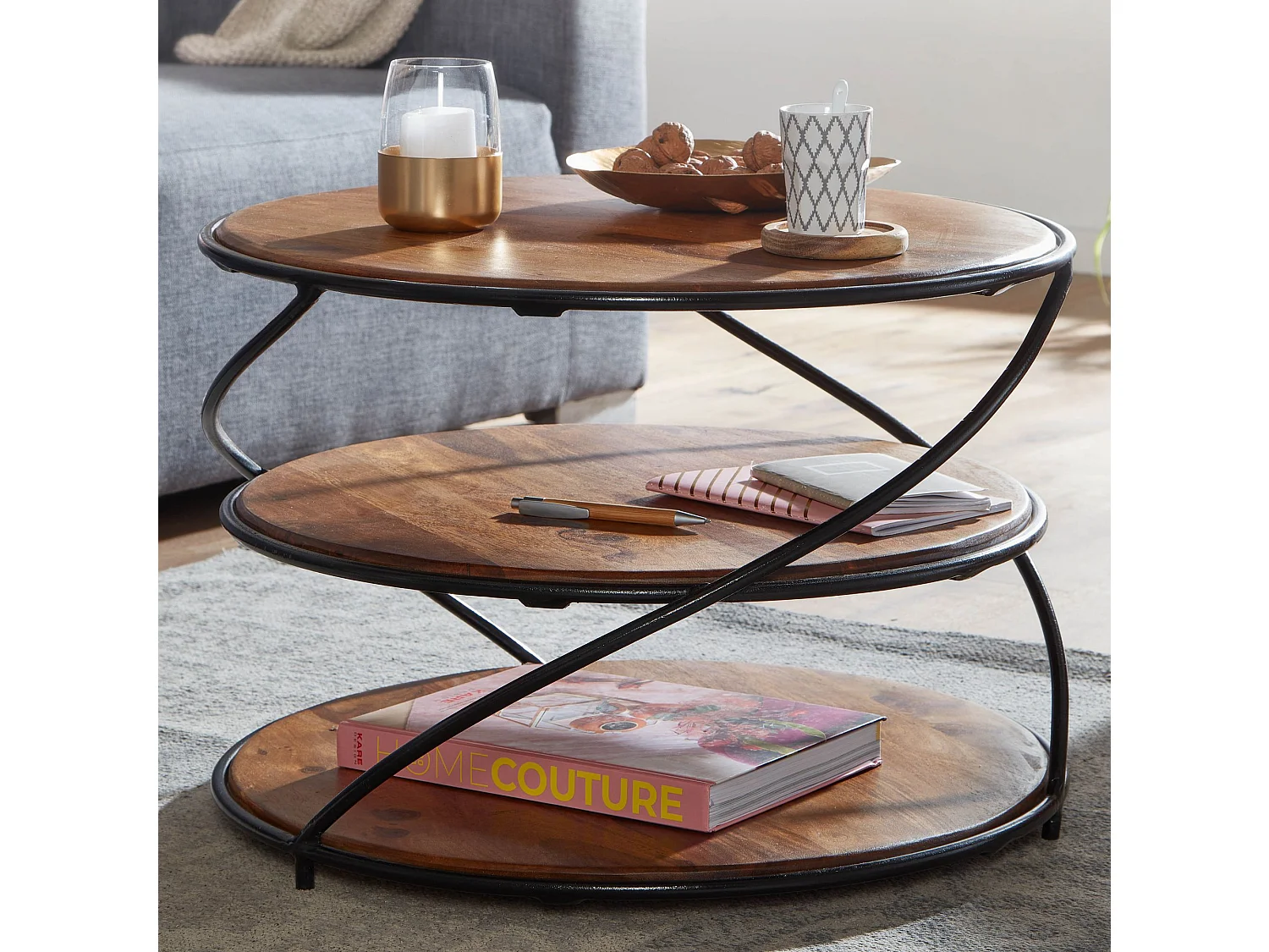 Table Basse de Salon Sheesham Bois Massif et Métal 58x58x40,5 cm Ronde | Petite Table de Canapé