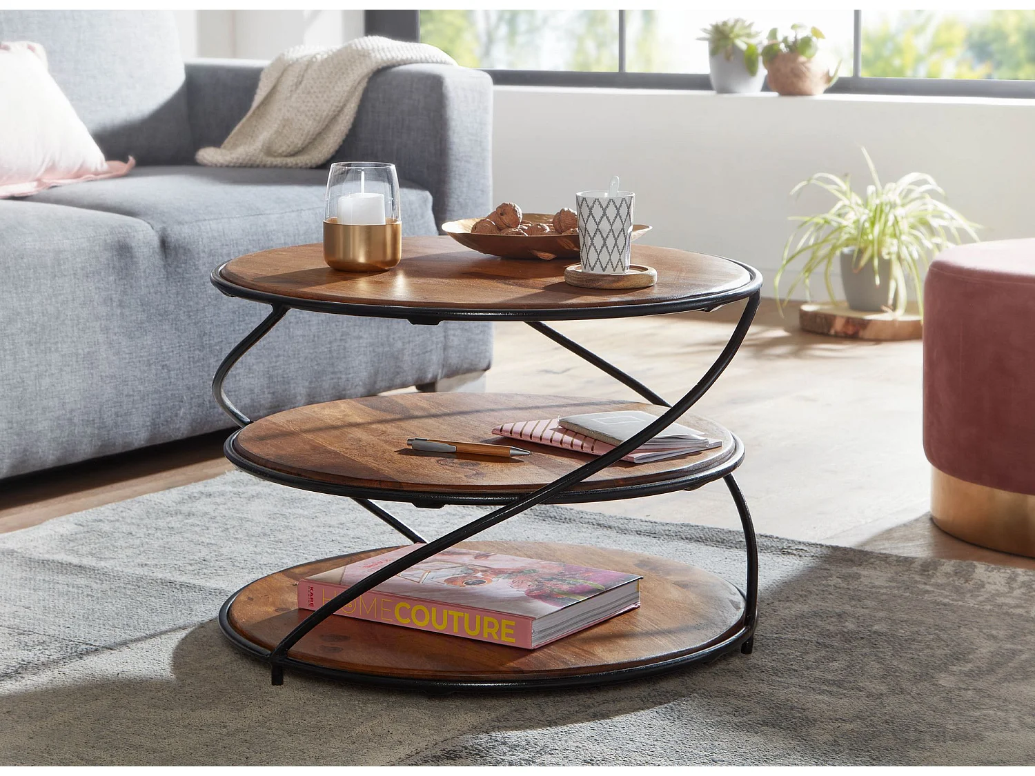 Table Basse de Salon Sheesham Bois Massif et Métal 58x58x40,5 cm Ronde | Petite Table de Canapé