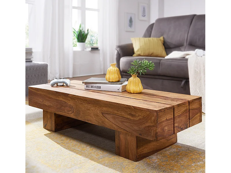 mesa de centro LUCCA madera maciza sheesham 120 cm de ancho mesa de salón de diseño mesa auxiliar estilo rústico marrón oscuro