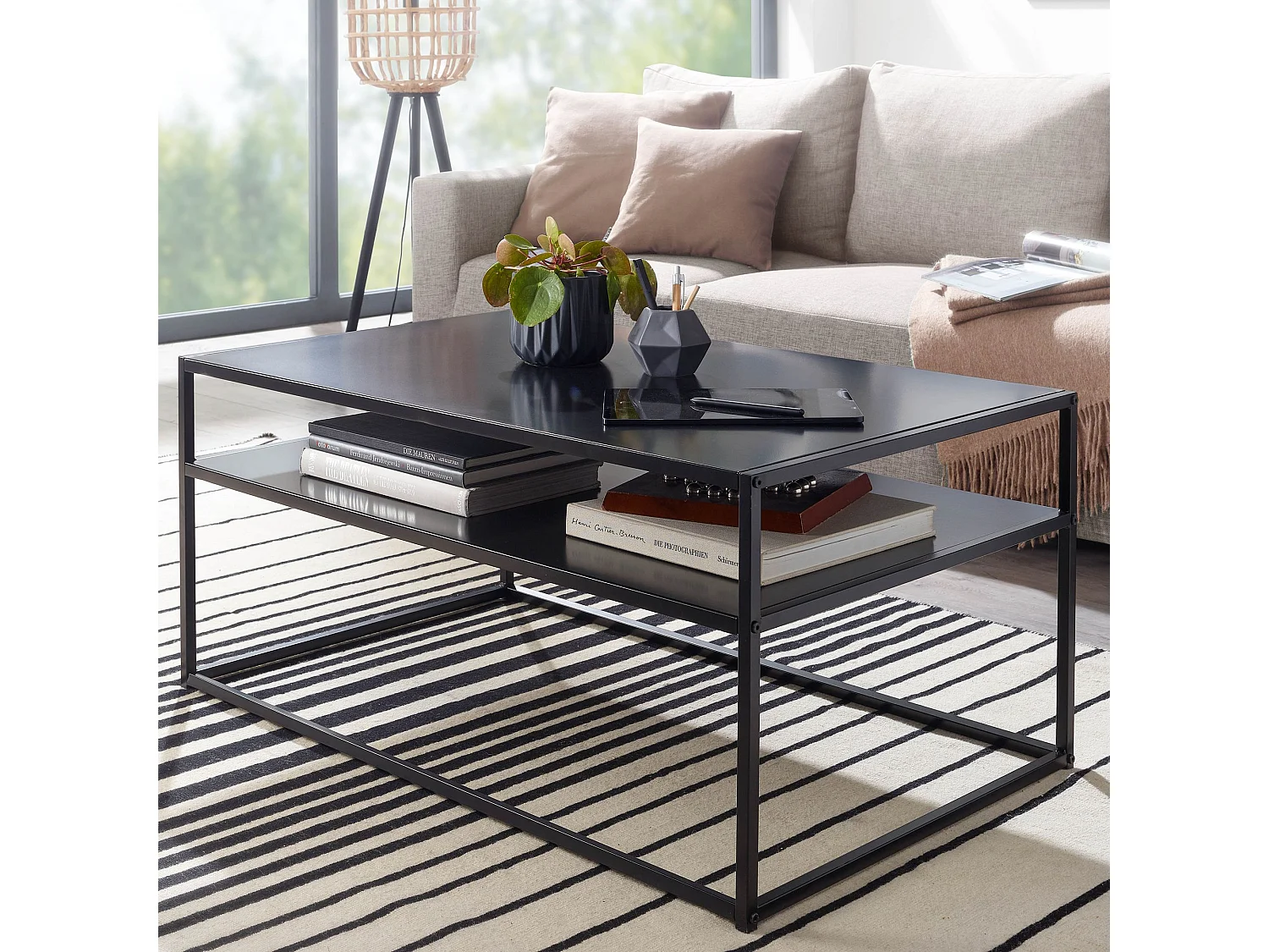 Koffietafel Metaal 100x60x45 cm Rechthoekige Salontafel Zwart met Opbergruimte | Tafel Woonkamer Industrieel | Lage Bijzettafel Woonkamertafel