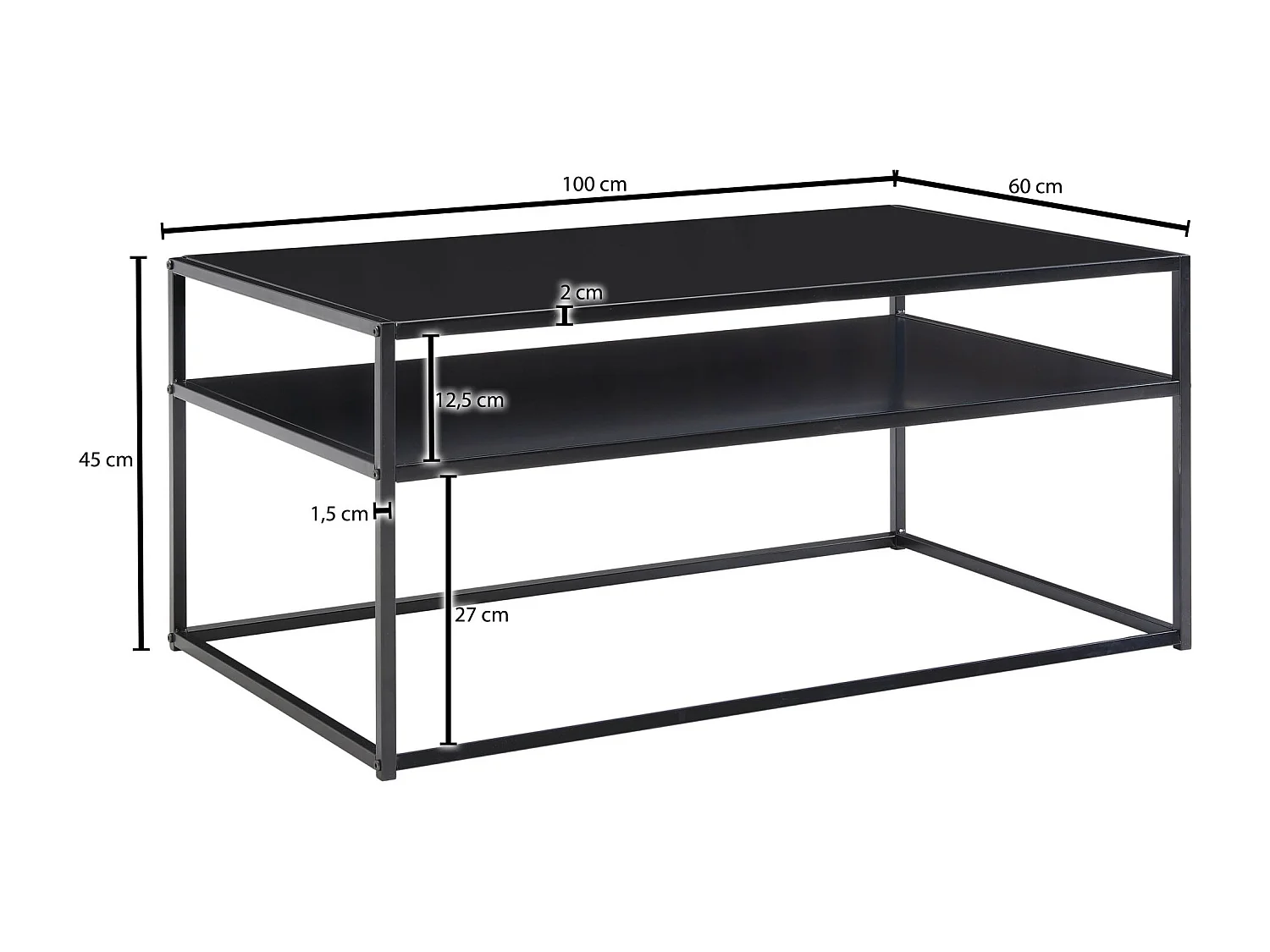 Koffietafel Metaal 100x60x45 cm Rechthoekige Salontafel Zwart met Opbergruimte | Tafel Woonkamer Industrieel | Lage Bijzettafel Woonkamertafel