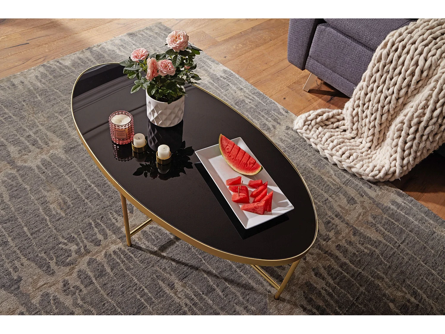 design salontafel glas zwart - ovaal 110 x 56 cm met goud metaal | Grote woonkamer tafel Lounge