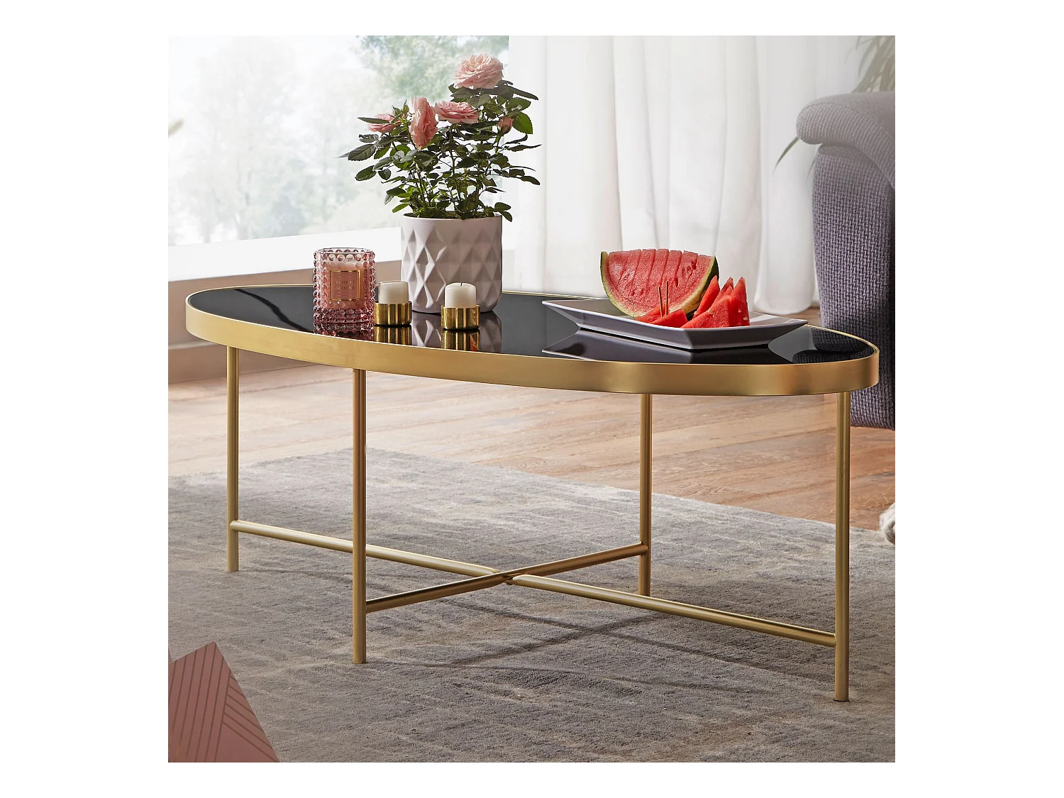 design salontafel glas zwart - ovaal 110 x 56 cm met goud metaal | Grote woonkamer tafel Lounge