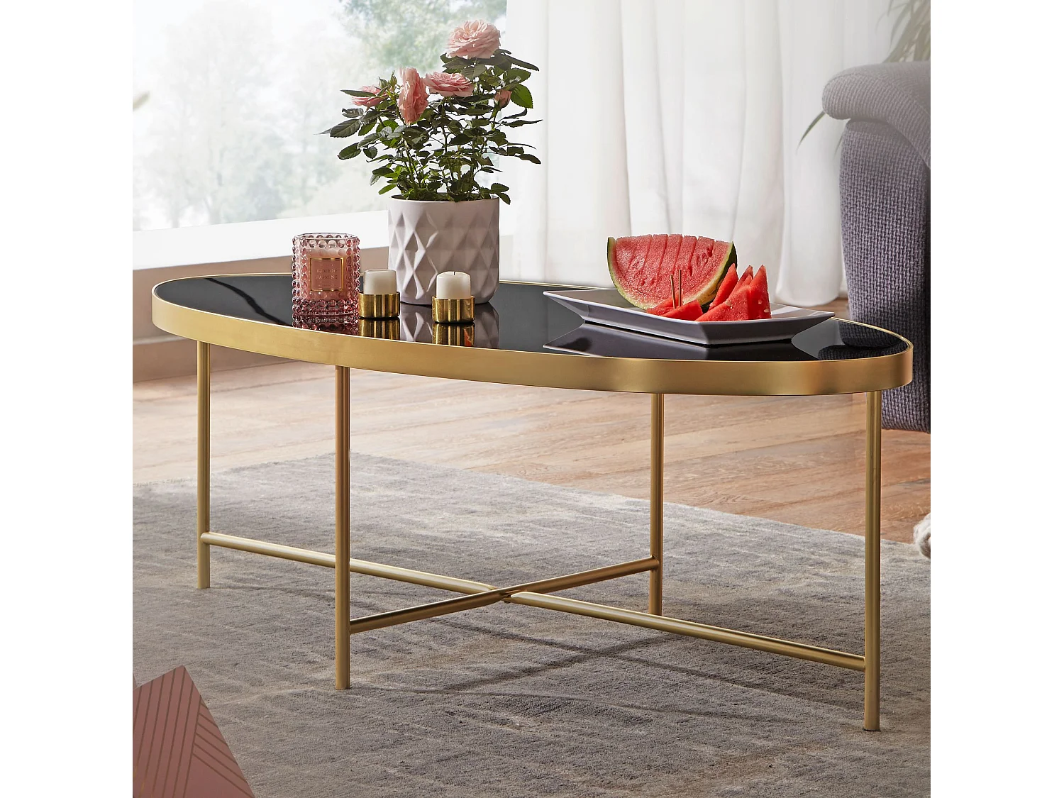 design salontafel glas zwart - ovaal 110 x 56 cm met goud metaal | Grote woonkamer tafel Lounge