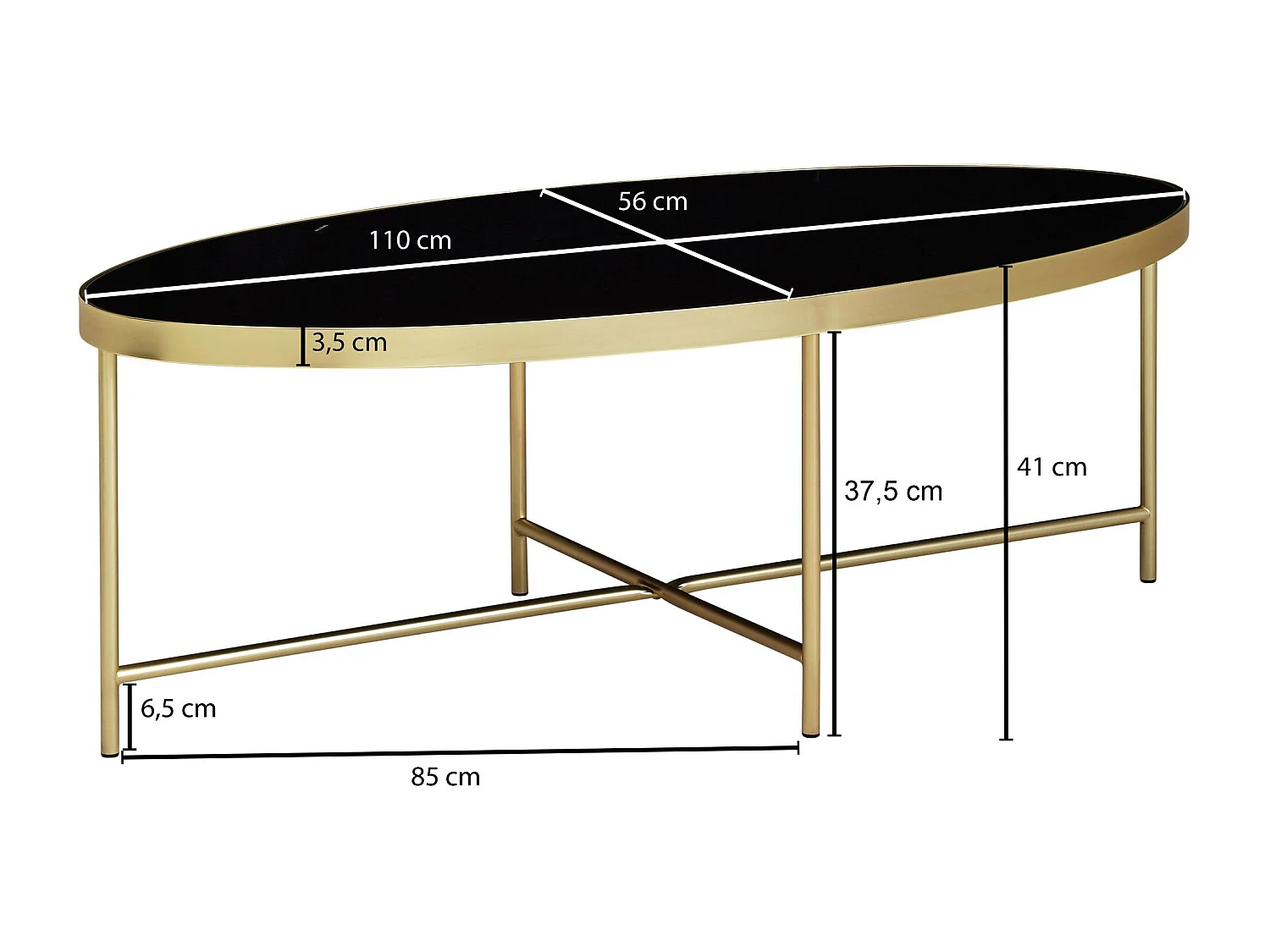 design salontafel glas zwart - ovaal 110 x 56 cm met goud metaal | Grote woonkamer tafel Lounge