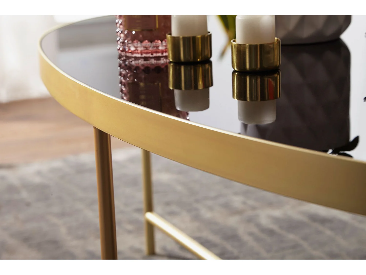 design salontafel glas zwart - ovaal 110 x 56 cm met goud metaal | Grote woonkamer tafel Lounge