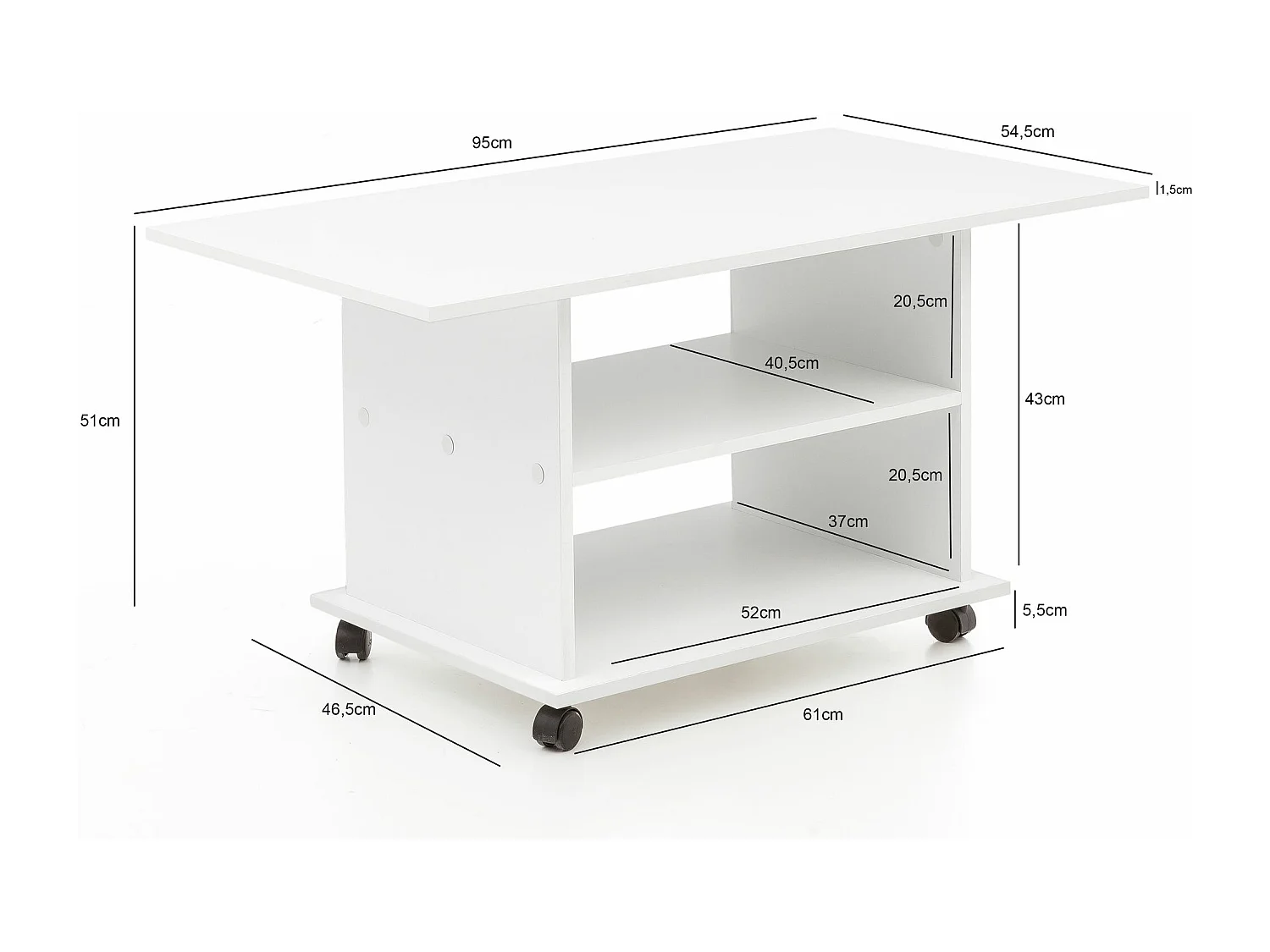 Tavolino di design WL5.738 95 x 51 x 54,5 cm Bianco Girevole con rotelle | Tavolino da caffè Tavolino da caffè