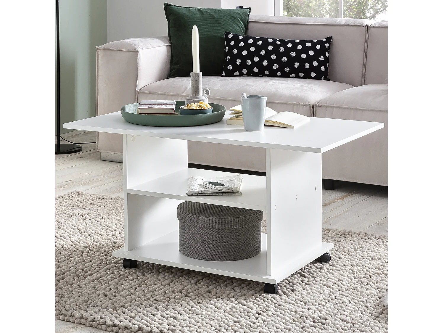 Design salontafel WL5.738 95 x 51 x 54,5 cm Wit Draaibaar met wielen | Salontafel Koffietafel