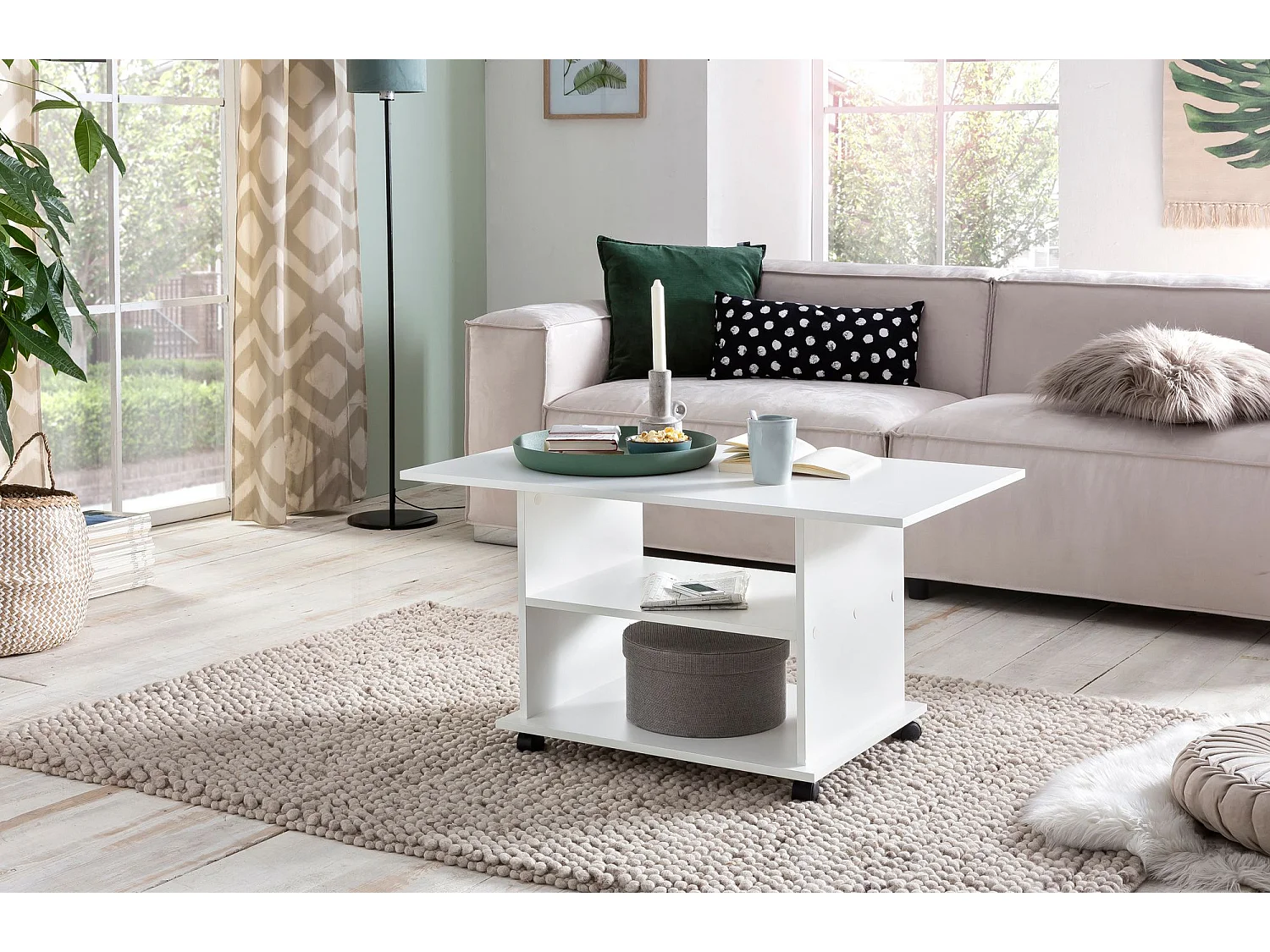 Design salontafel WL5.738 95 x 51 x 54,5 cm Wit Draaibaar met wielen | Salontafel Koffietafel