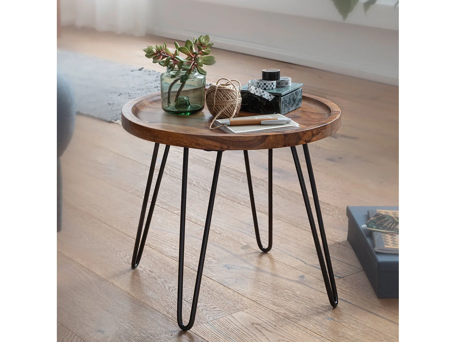 table basse  table de salon en bois massif 45x40x45 cm ronde | Table basse avec pieds en épingle à cheveux Table basse en bois et métal