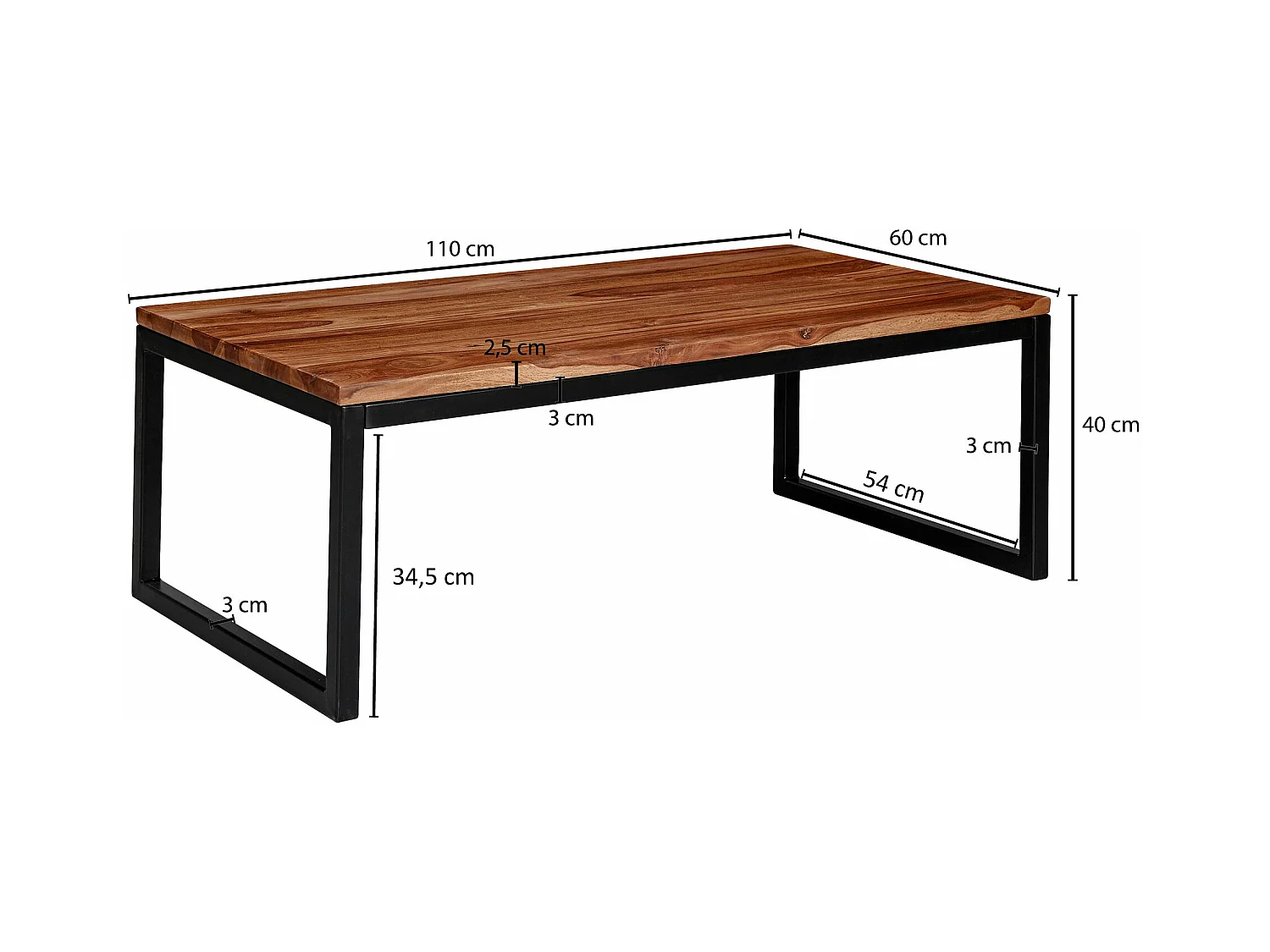 salontafel 110x40x60 cm Sheesham massief houten / metalen salontafel | Design salontafel in industriÃ«le stijl | Tafel woonkamer | Solide loungetafel