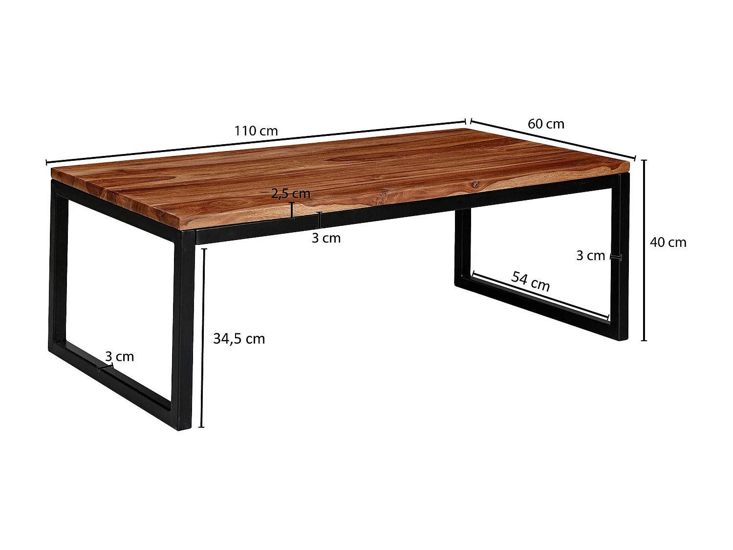 salontafel 110x40x60 cm Sheesham massief houten / metalen salontafel | Design salontafel in industriÃ«le stijl | Tafel woonkamer | Solide loungetafel