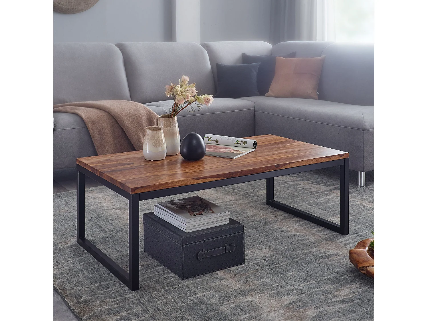 basse 110x40x60 cm Table de salon en bois massif / métal Sheesham | Table basse design de style