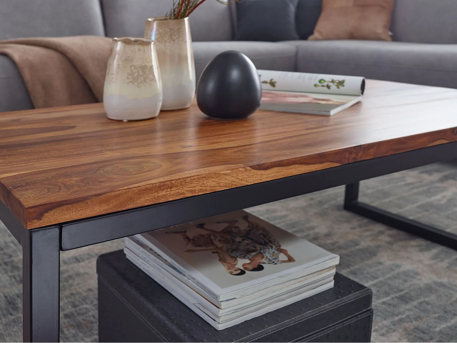 basse 110x40x60 cm Table de salon en bois massif / métal Sheesham | Table basse design de style