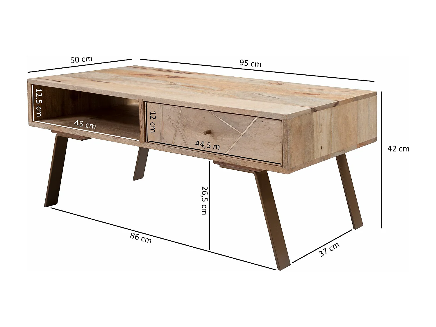 Table basse Sikar 95X42X50Cm  En Bois Massif Solide / Métal Manguier