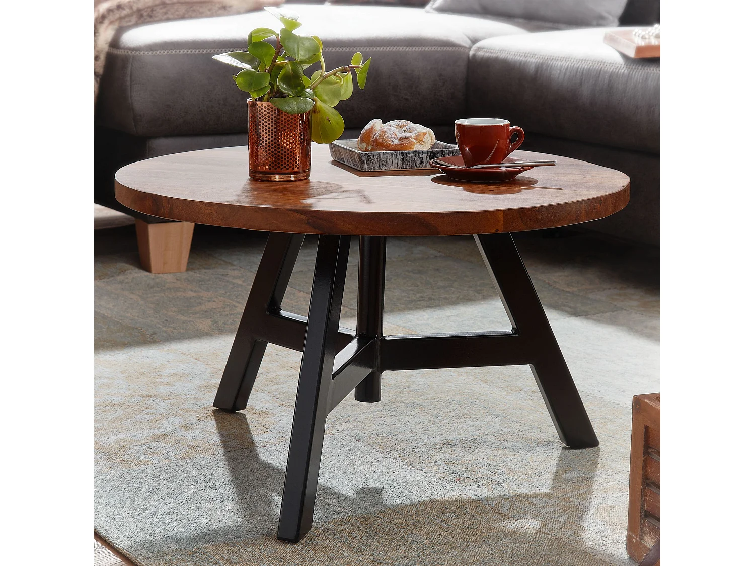 table basse 60x60x35 cm table basse en bois de sheesham massif / métal ronde | Table de salon