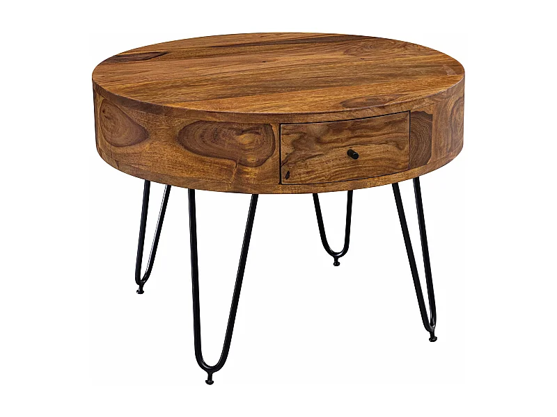 tafel Sheesham massief hout / metaal 60x44.5x60 cm tafel woonkamer | Design bijzettafeltje met laden Kleine salontafel rond bruin