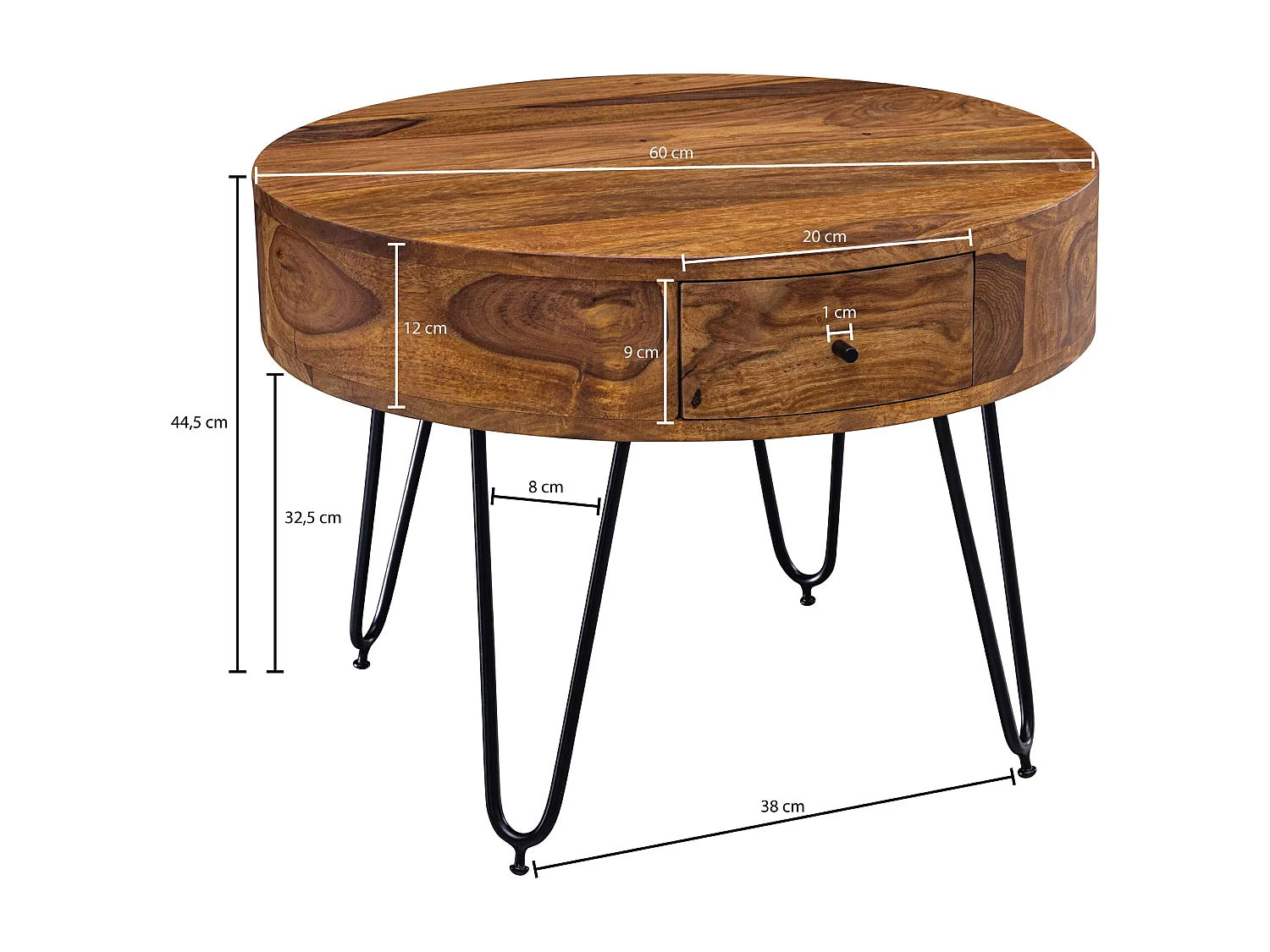 tafel Sheesham massief hout / metaal 60x44.5x60 cm tafel woonkamer | Design bijzettafeltje met laden Kleine salontafel rond bruin