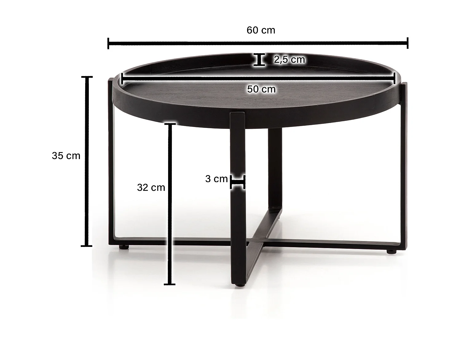 Table Basse de Salon Mango Bois Massif / Métal 60x60x35 cm Ronde | Petite Table de Canapé | Design