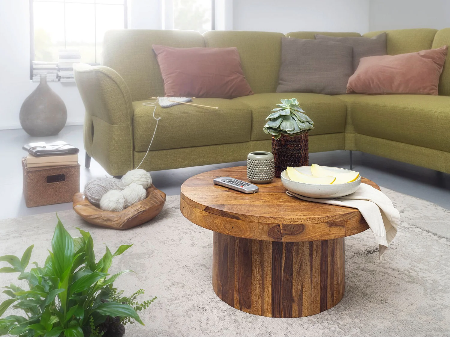 basse 60x30x60 cm Table basse en bois massif Sheesham | Table de salon design ronde | Table basse