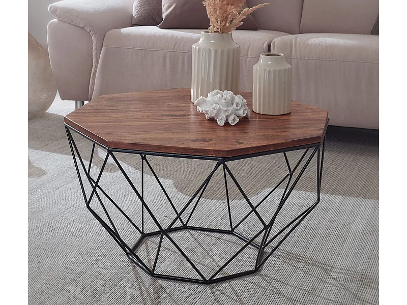 salontafel sheesham massief hout / metaal 66 x 40 x 66 cm | Woonkamertafel massief bruin | Salontafel Moderne houten tafel | Tafel woonkamer industrieel