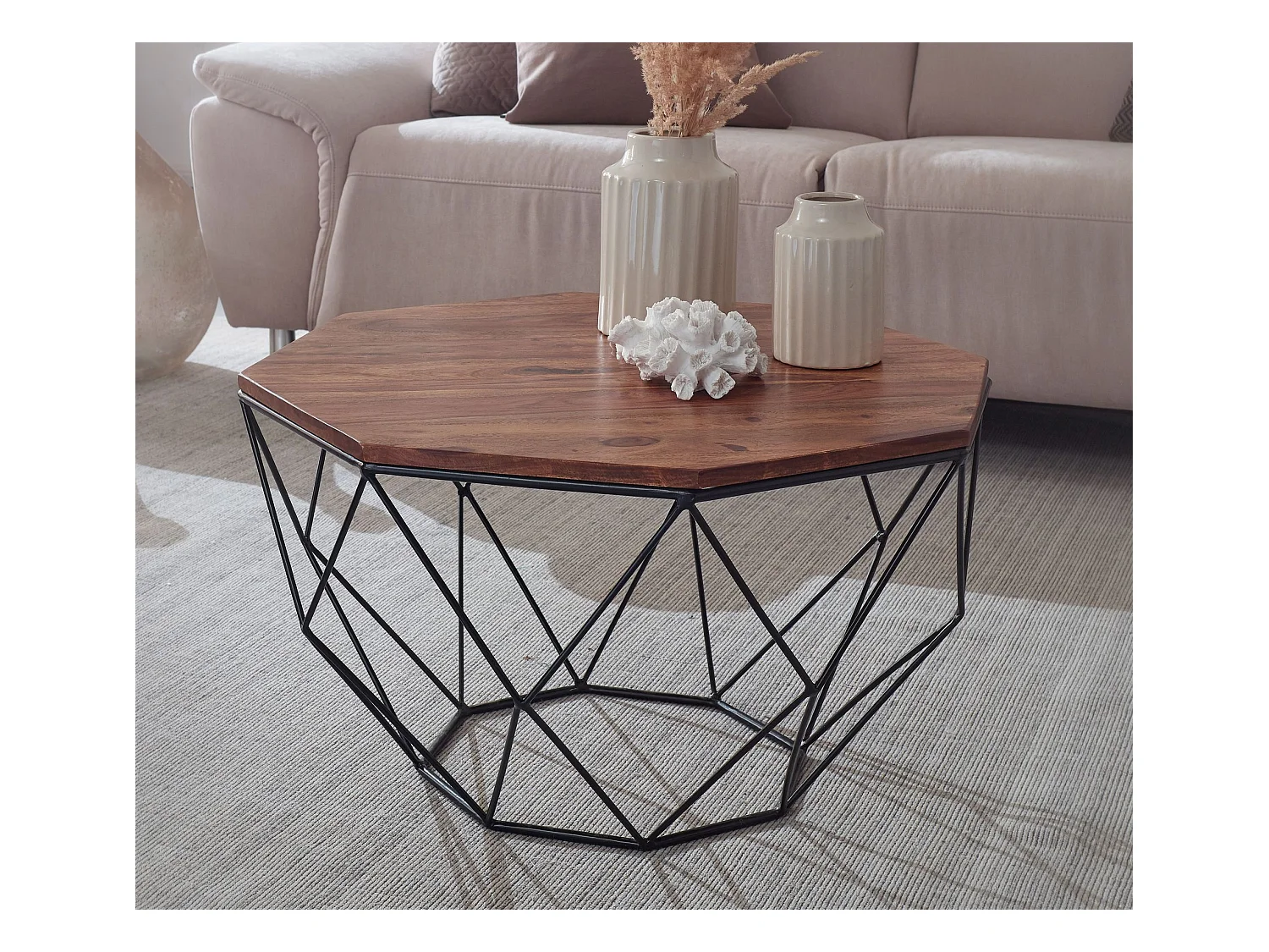 table basse en sheesham bois massif / métal 66 x 40 x 66 cm | Table de salon marron massif | Table basse Table moderne en bois | Table de salon industrielle
