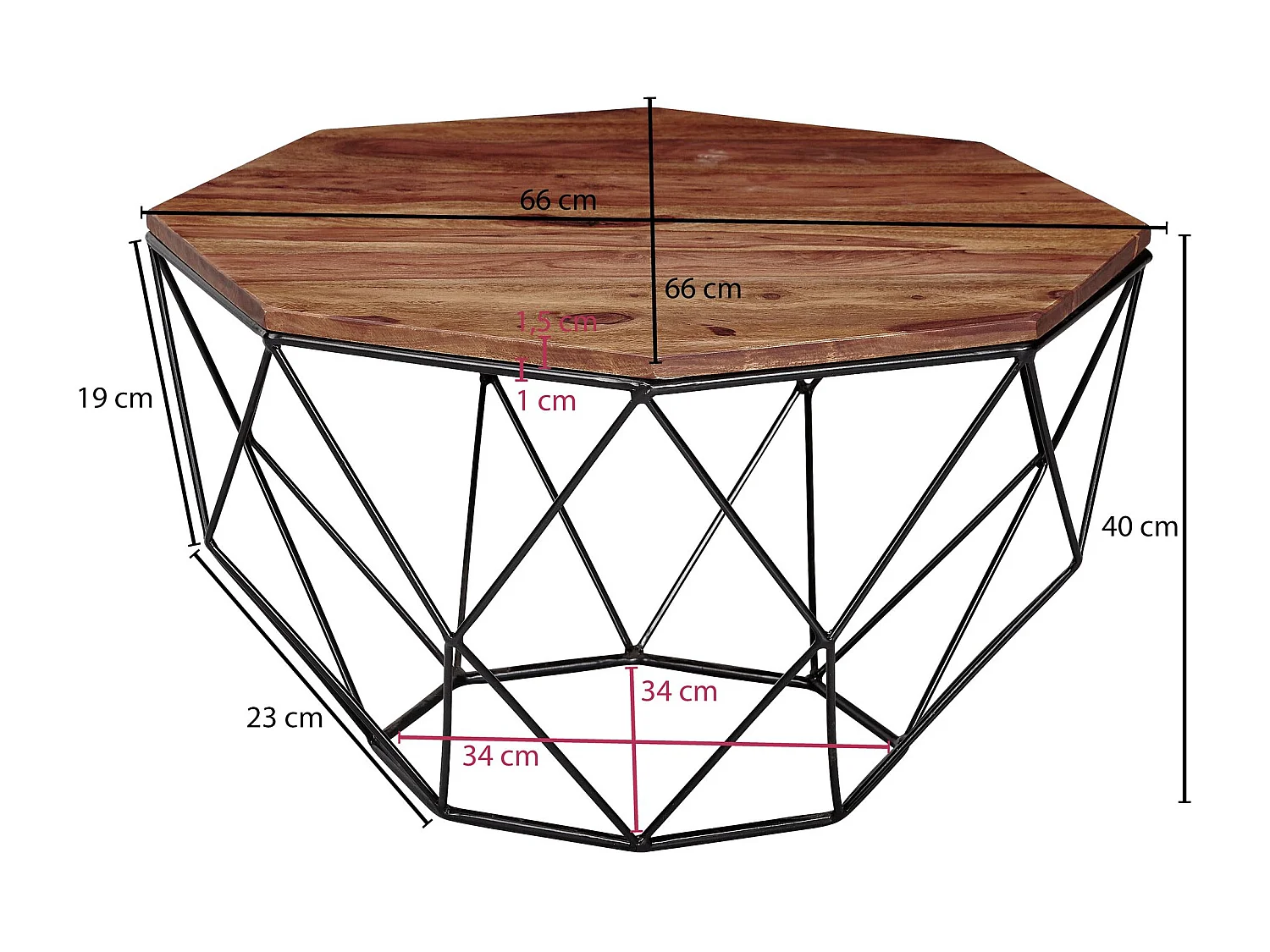 Table basse en bois massif de sheesham / métal 56 x 40 x 56 cm, table de salon marron massif,