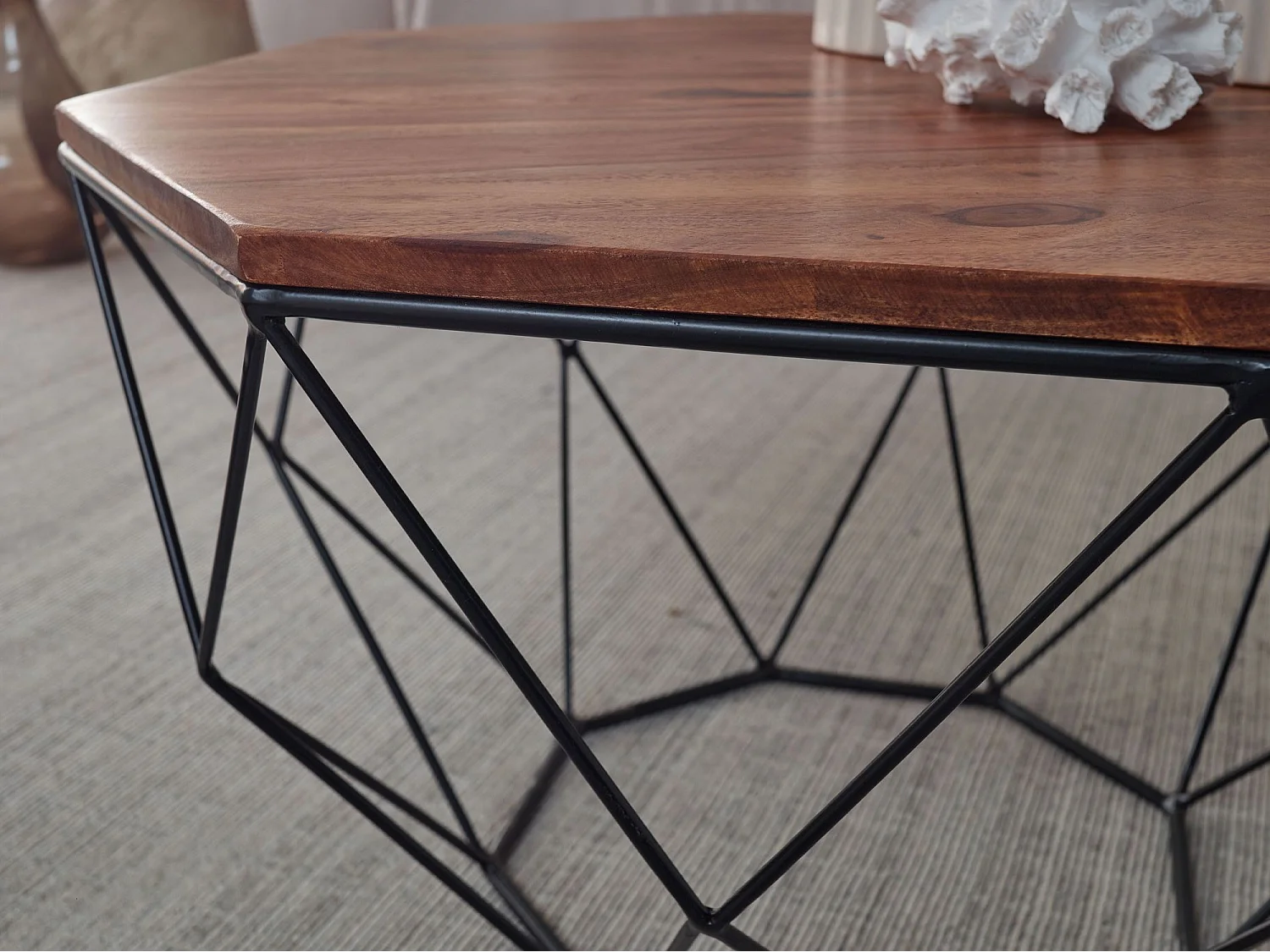 Table basse en bois massif de sheesham / métal 56 x 40 x 56 cm, table de salon marron massif,