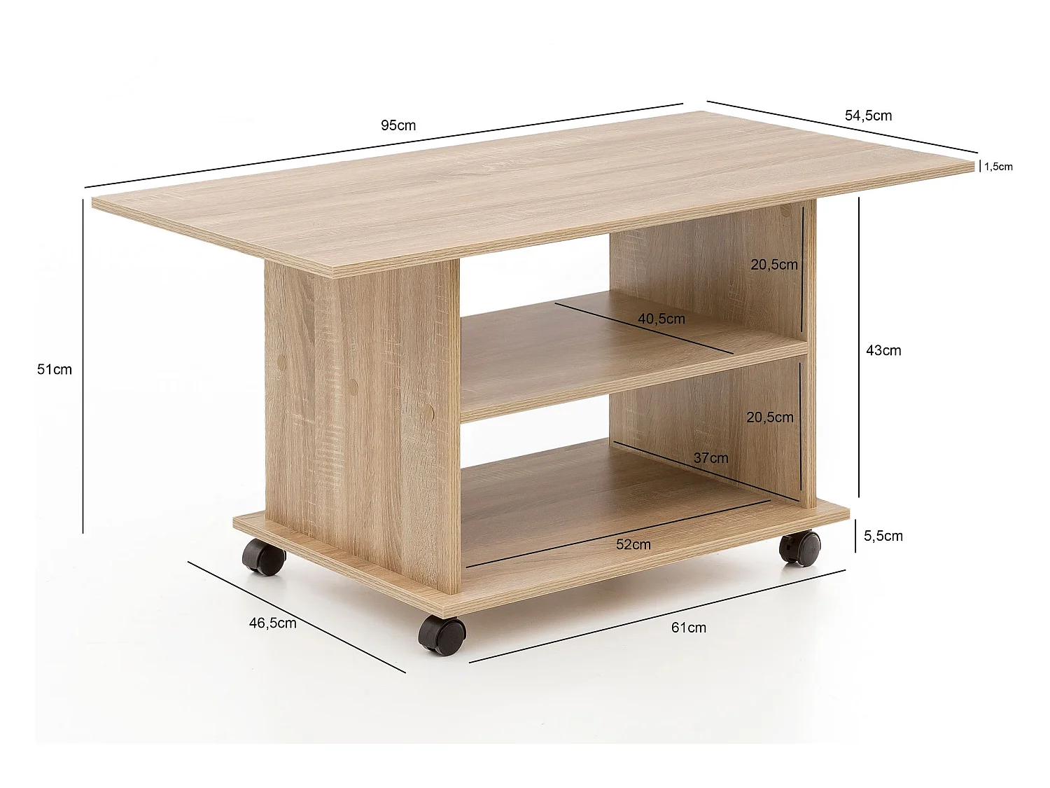 Design salontafel WL5.739 95 x 51 x 54,5 cm Sonoma Draaibaar met wielen | Salontafel Koffietafel | Salontafel Salontafel | Salontafel met opbergruimte