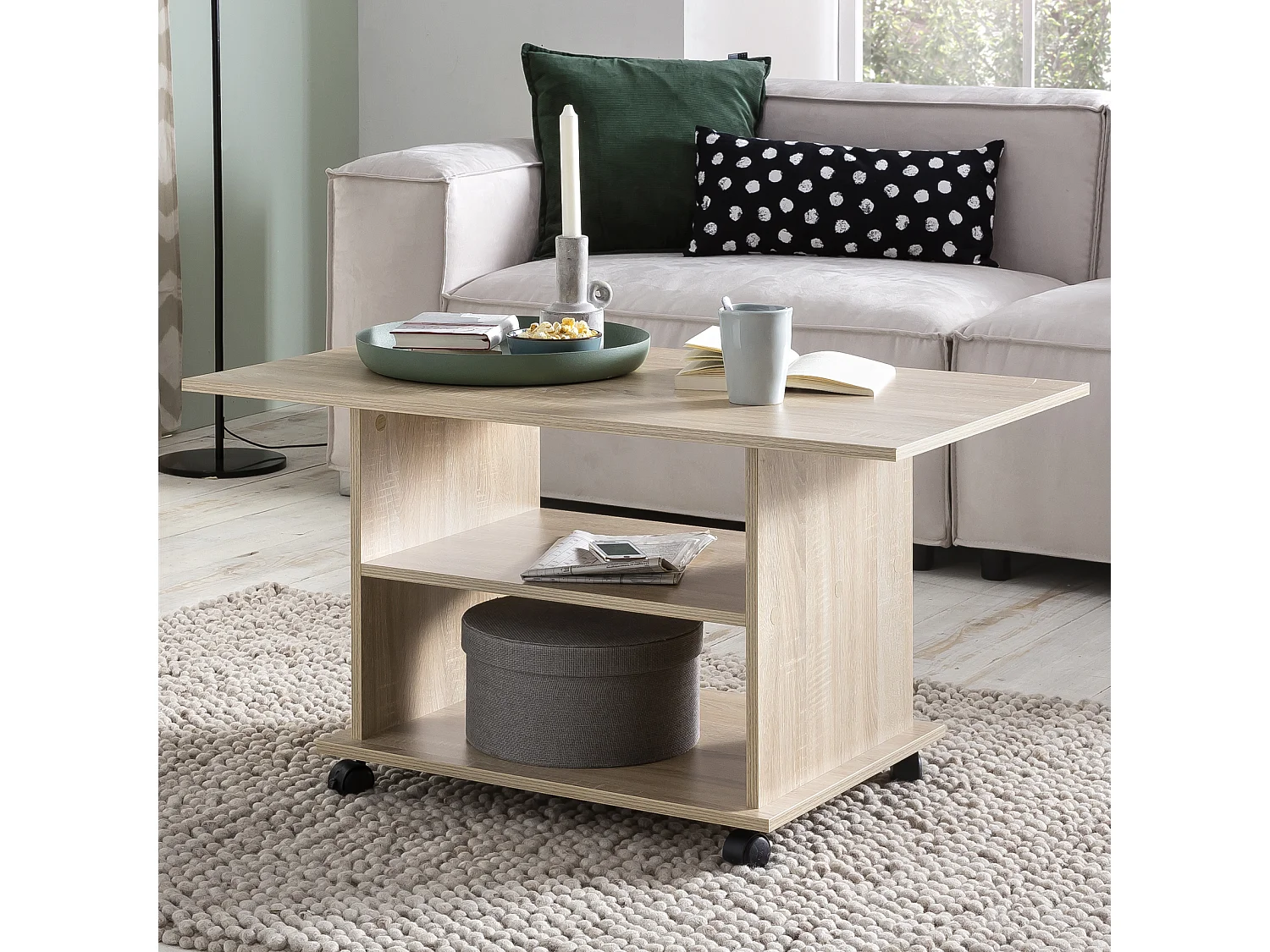Design salontafel WL5.739 95 x 51 x 54,5 cm Sonoma Draaibaar met wielen | Salontafel Koffietafel | Salontafel Salontafel | Salontafel met opbergruimte