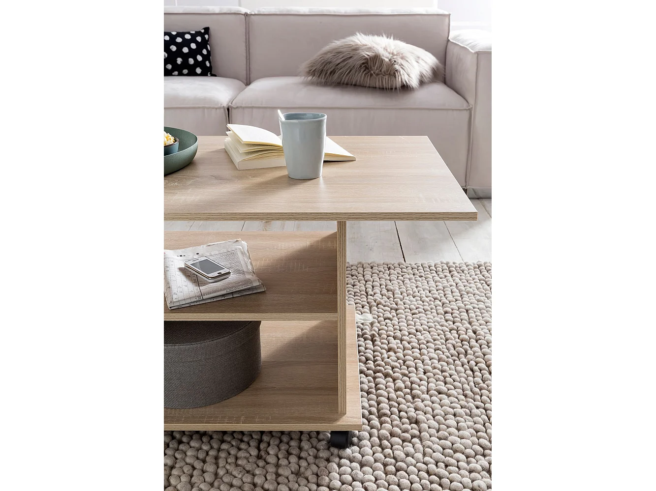 Design salontafel WL5.739 95 x 51 x 54,5 cm Sonoma Draaibaar met wielen | Salontafel Koffietafel | Salontafel Salontafel | Salontafel met opbergruimte