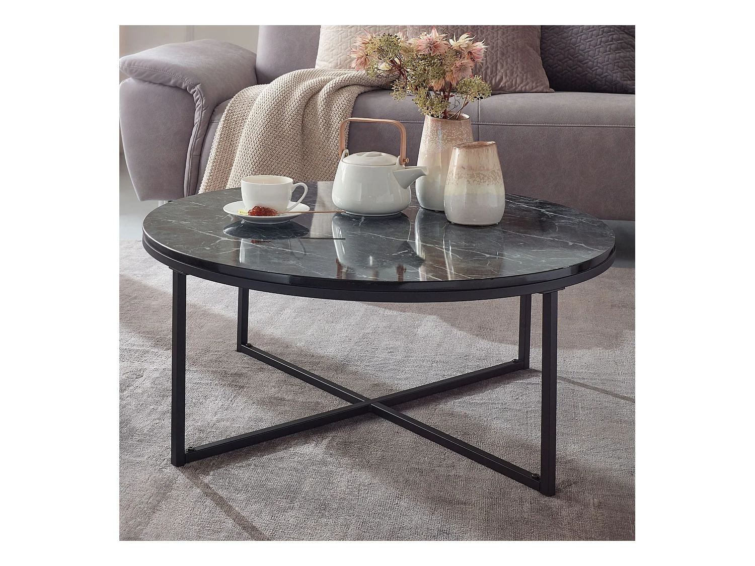 basse  80x36x80 cm aspect marbre noir | Table de salon avec structure en métal | Table basse table ronde salon | Table d'appoint