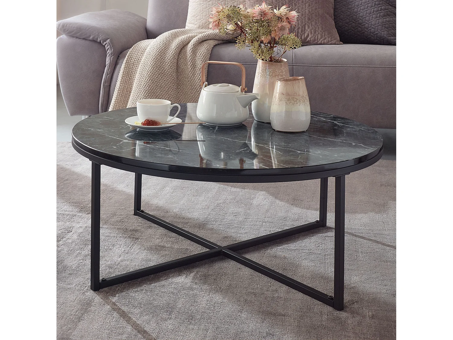 basse 80x36x80 cm aspect marbre noir | Table de salon avec structure en métal | Table basse table