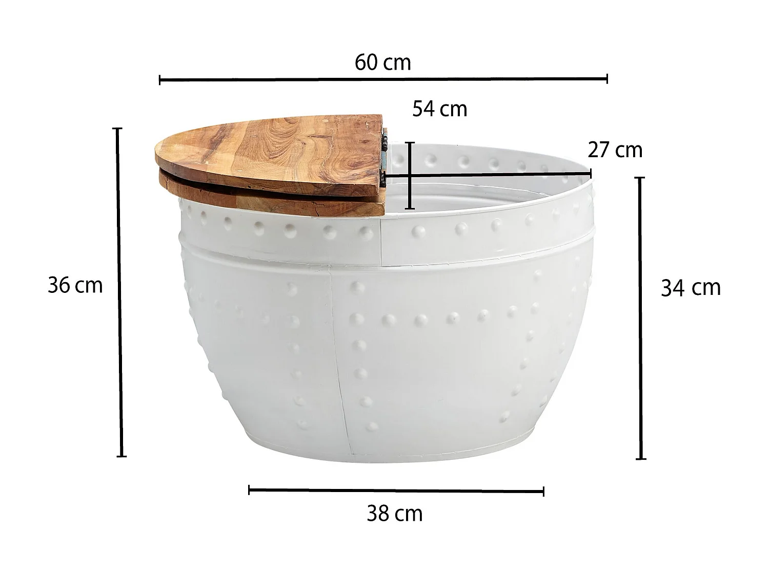 table basse Mango 60x36x60 cm bois massif métal blanc rond industriel | Table de salon design avec espace de rangement | Table de salon canapé table moderne