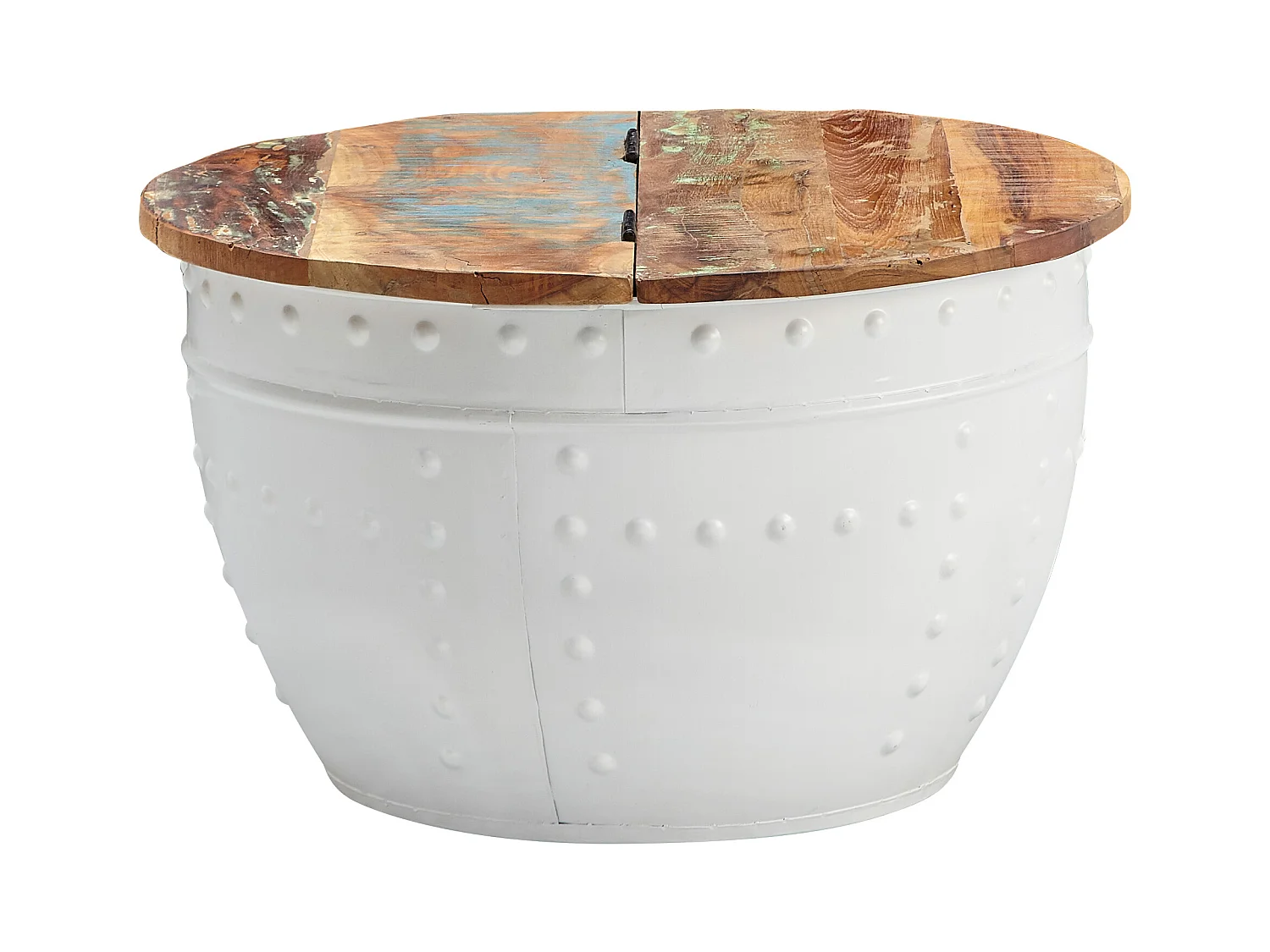 table basse Mango 60x36x60 cm bois massif métal blanc rond industriel | Table de salon design avec espace de rangement | Table de salon canapé table moderne