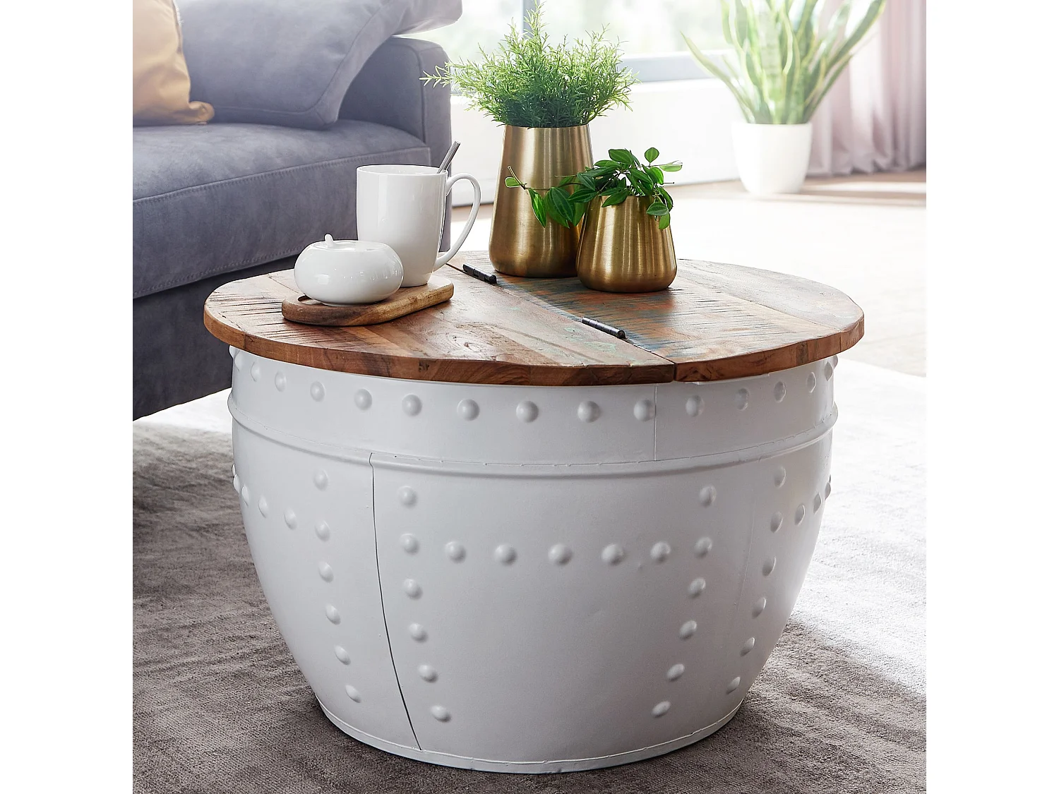 table basse Mango 60x36x60 cm bois massif métal blanc rond industriel | Table de salon design avec