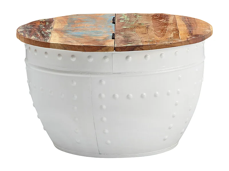 table basse Mango 60x36x60 cm bois massif métal blanc rond industriel | Table de salon design avec